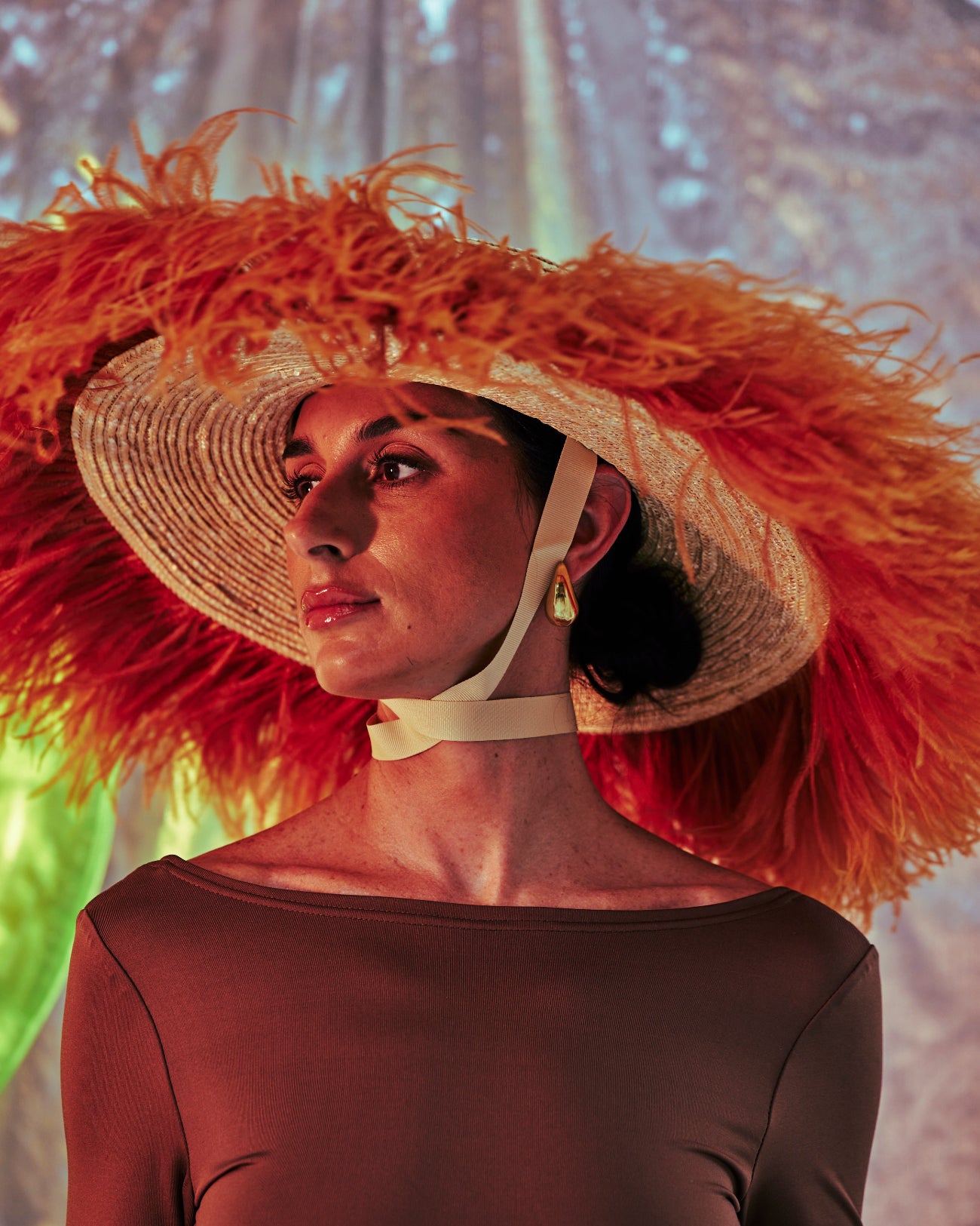 Sam Bolero, Wheat Straw Hat with Ostrich Feather Trim, Rust