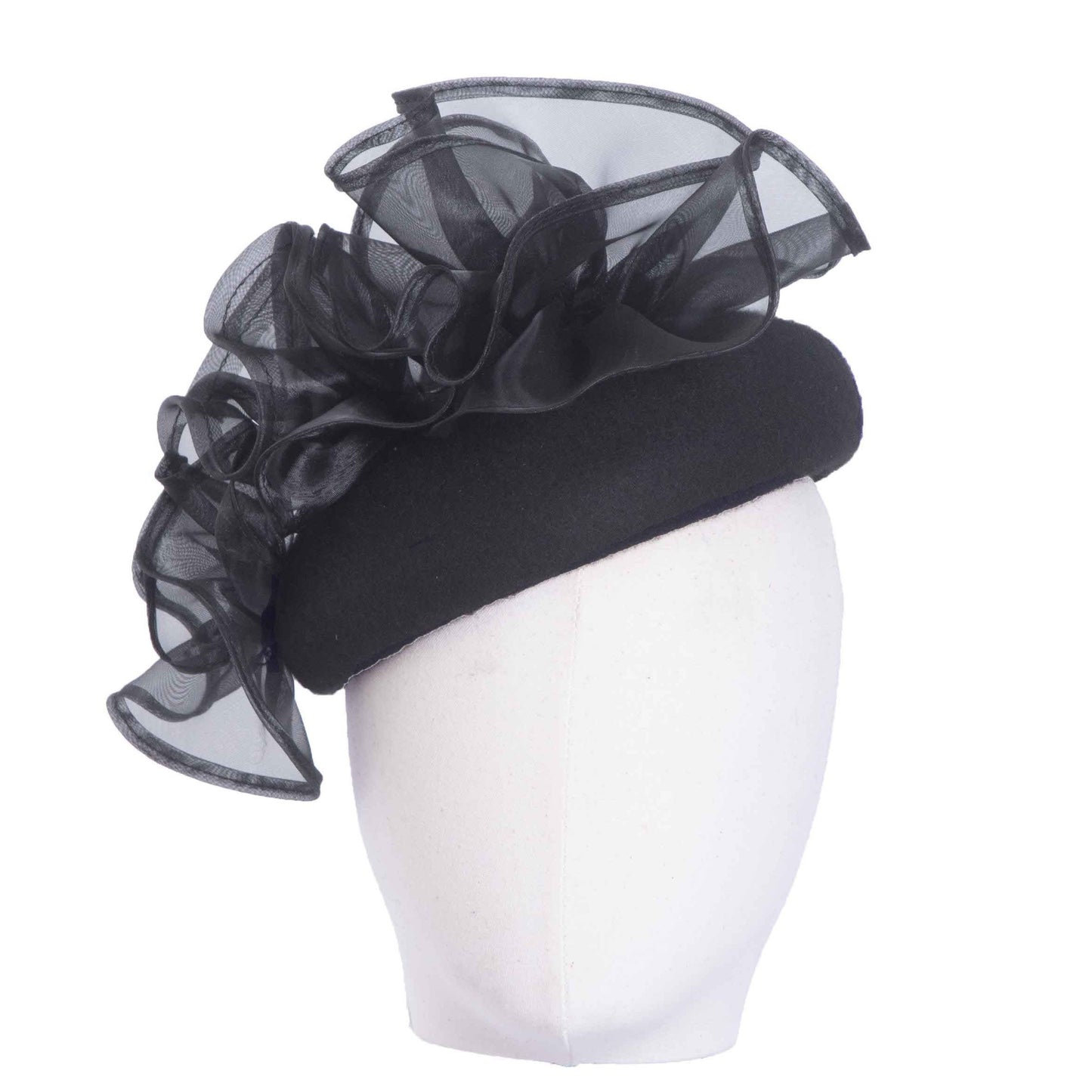 Bonnie, Wool felt Beret with Organza Trim, Black