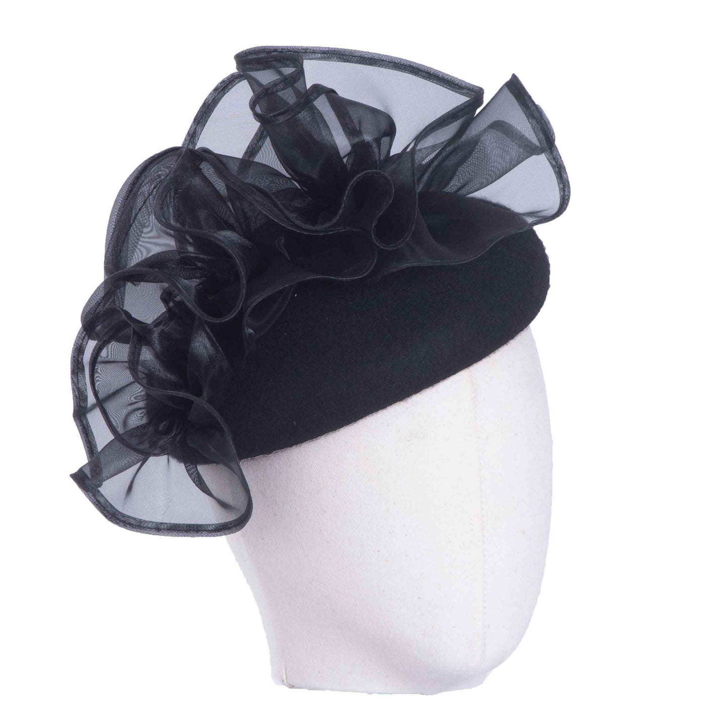 Bonnie, Wool felt Beret with Organza Trim, Black