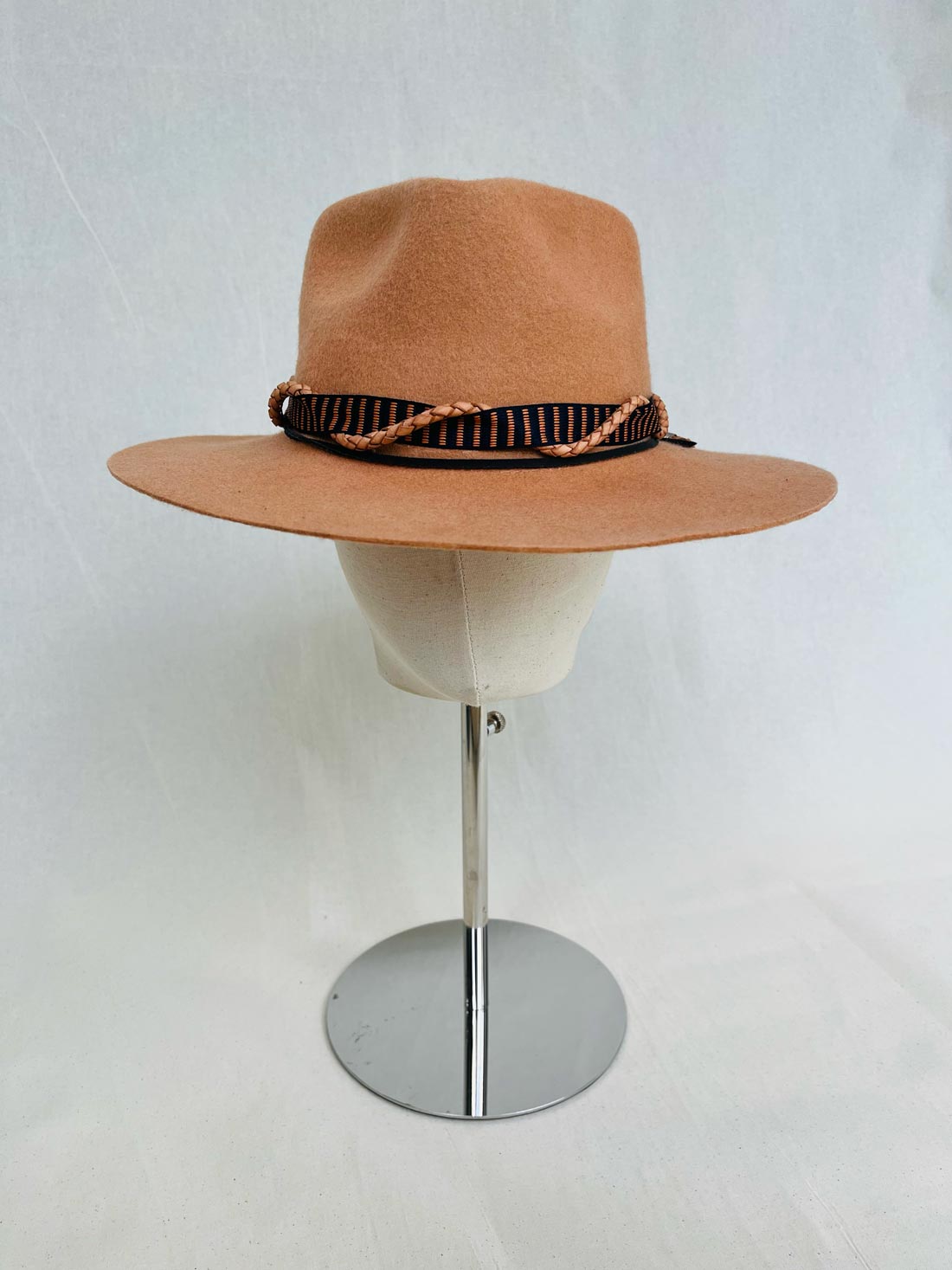 Teardrop Fedora, Wool Felt Hat, Camel with Rope Trim