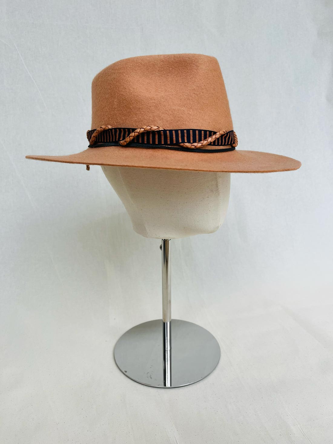 Teardrop Fedora, Wool Felt Hat, Camel with Rope Trim