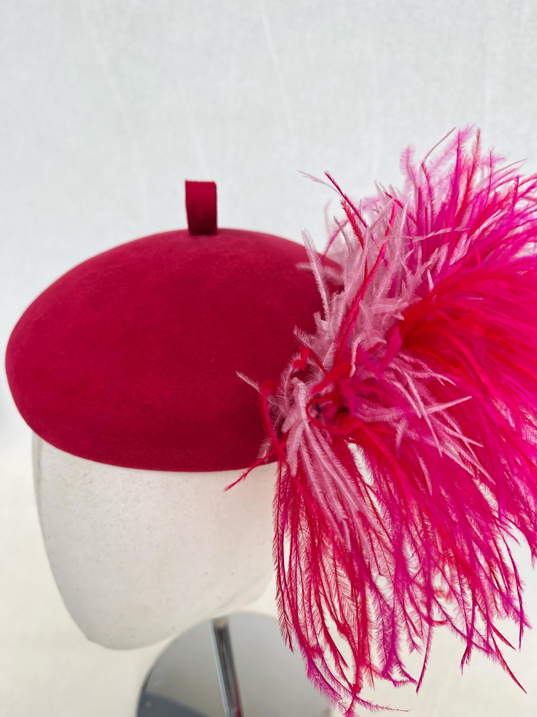 Oui Oui Beret, Wool Felt Hat, Pink with Ostrich Feather Trim