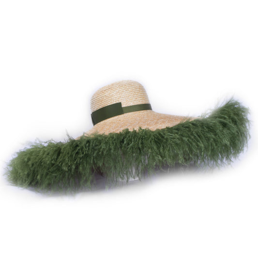 Sahara, Wheat Straw Hat with Feather Trim, Olive