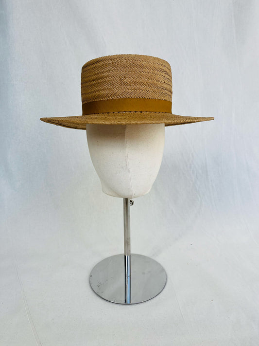 Boater pork Pie Crown, Paper Panama Basket Weave Hat, Camel