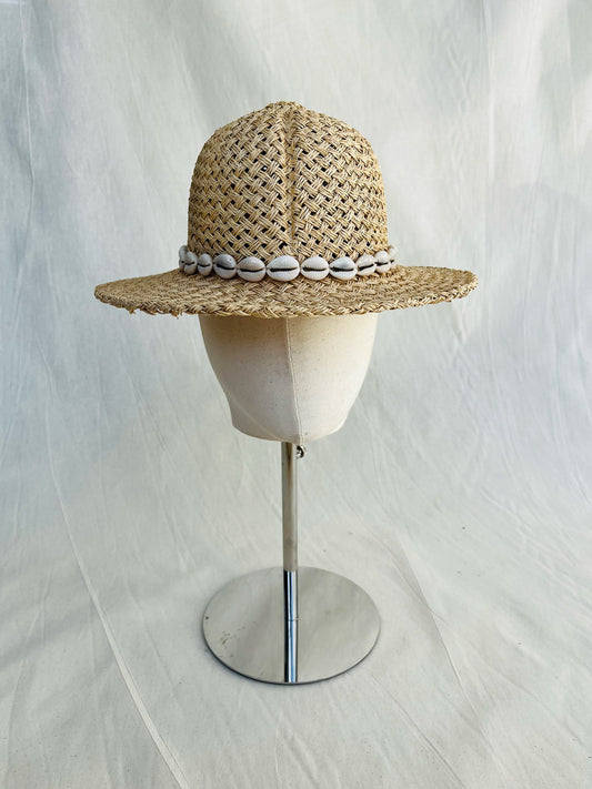 Safari, Basket Weave Hat, Ivory Cowrie Shell Trim