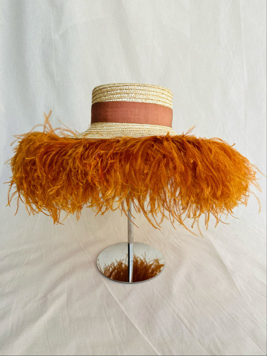 Boater, Wheat Straw Hat, Natural Burnt Orange Ostrich Feather Trim