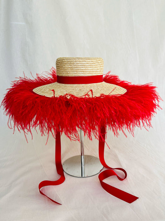 Billie Bolero, Wheat Straw Hat, Natural Red Ostrich Feather Trim