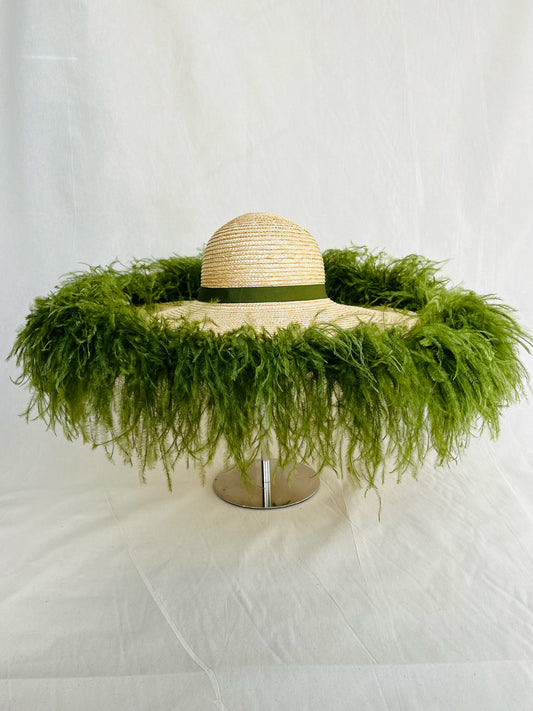Sahara, Wheat Straw Hat, Natural Green Ostrich Feather Trim