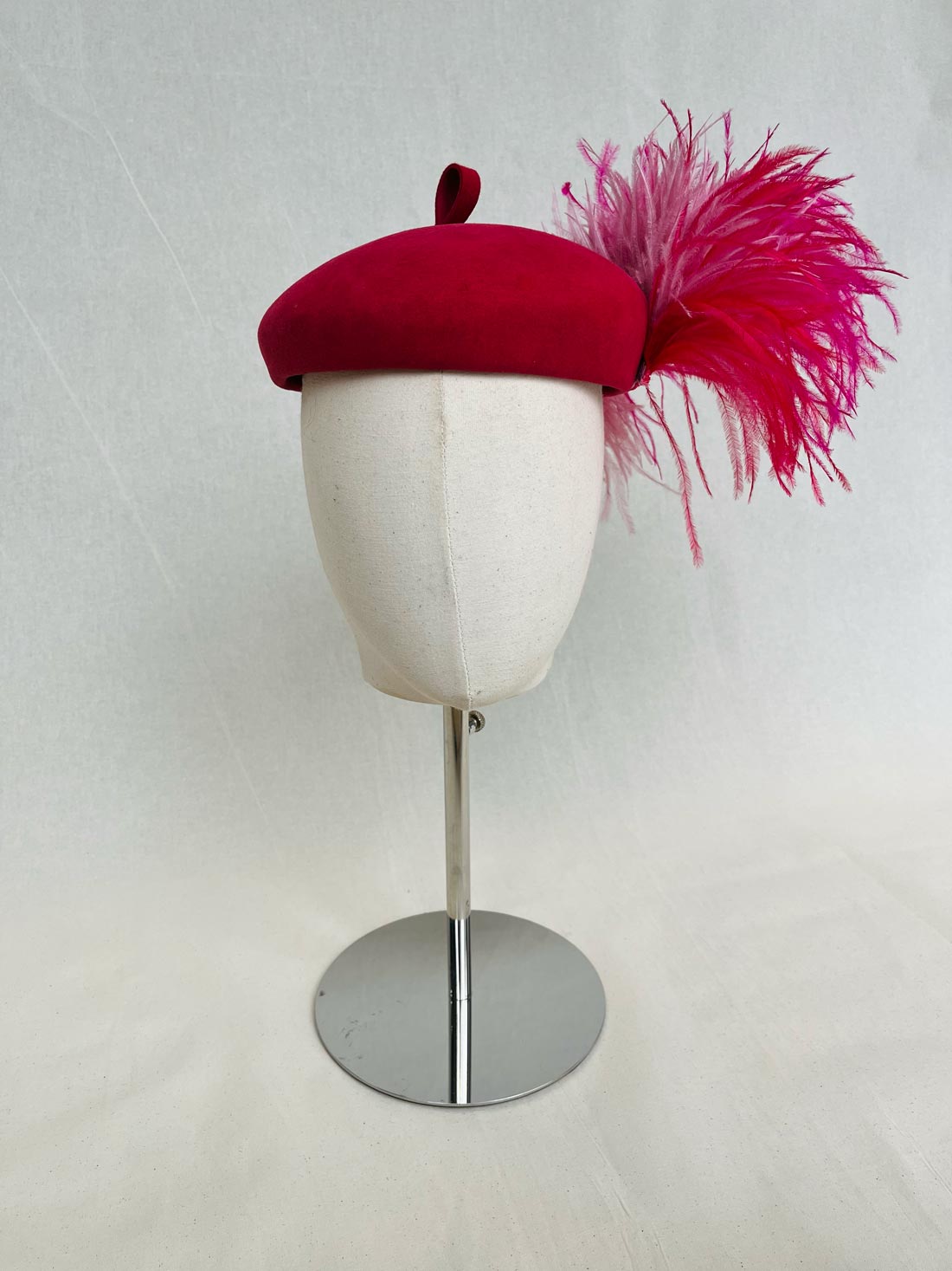 Oui Oui Beret, Wool Felt Hat, Pink with Ostrich Feather Trim
