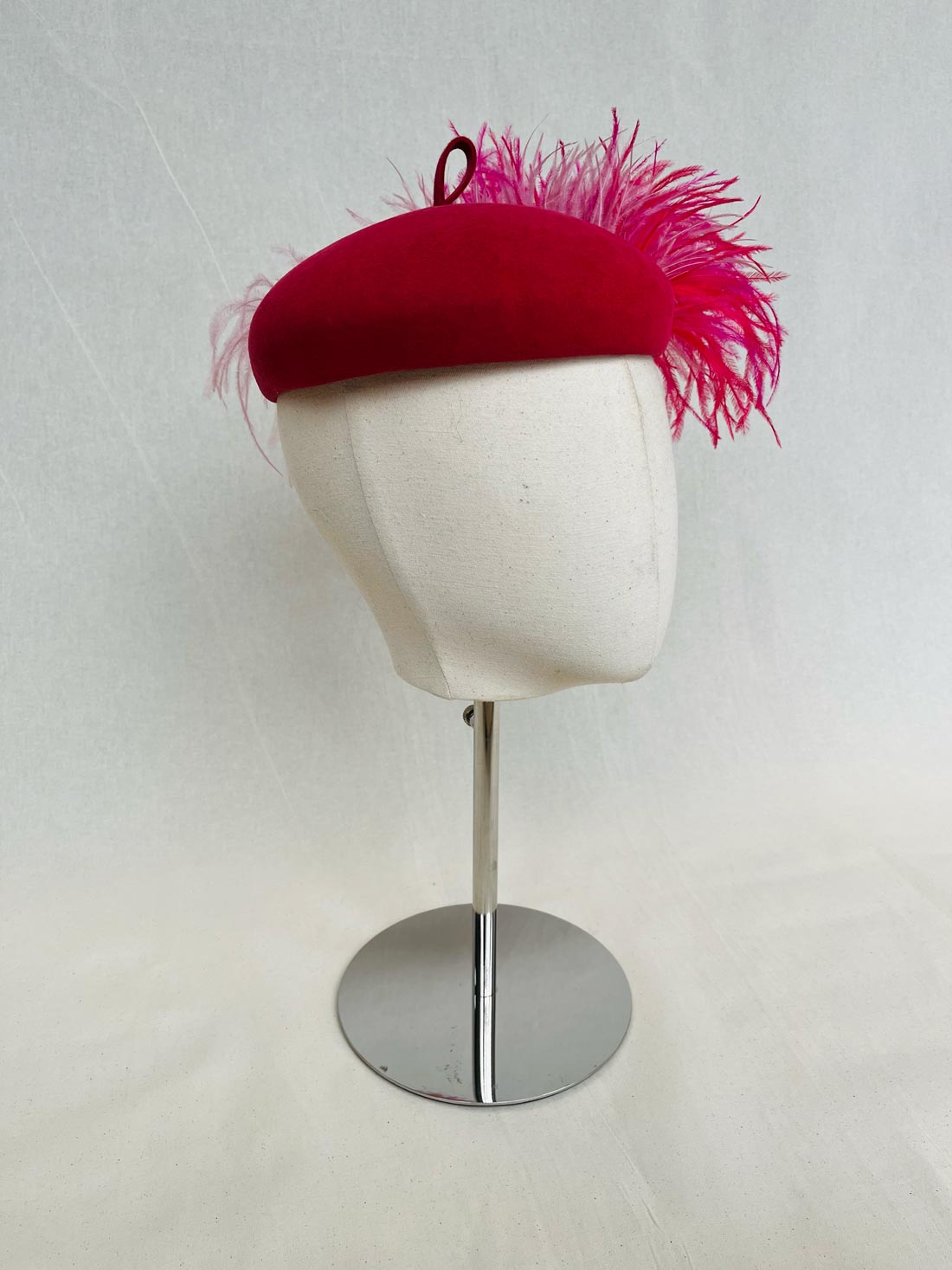 Oui Oui Beret, Wool Felt Hat, Pink with Ostrich Feather Trim