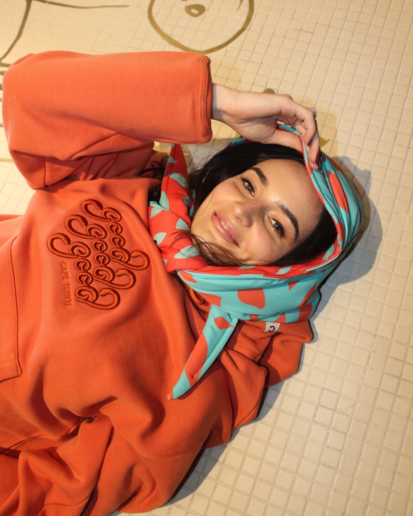 CB x GGG Puffer Kappie, GGG Printed Fabric, Teal / Orange